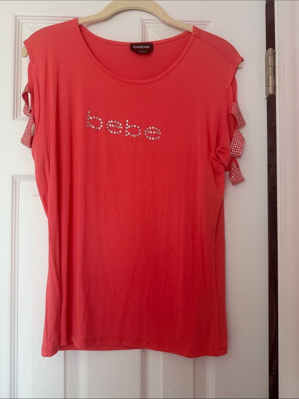 NEW bebe Coral Rhinestone Logo Short Sleeve Top with Sleeve Ties